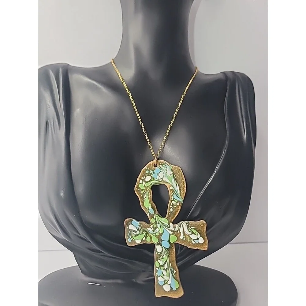 Ankh Cross Pendant Necklace Handmade Resin Paint Pour Boho Spiritual Symbol Gold